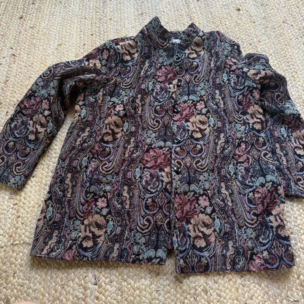 Coldwater Creek Tapestry Jacket Floral Paisley Mock Neck Petite Large PL Cabin